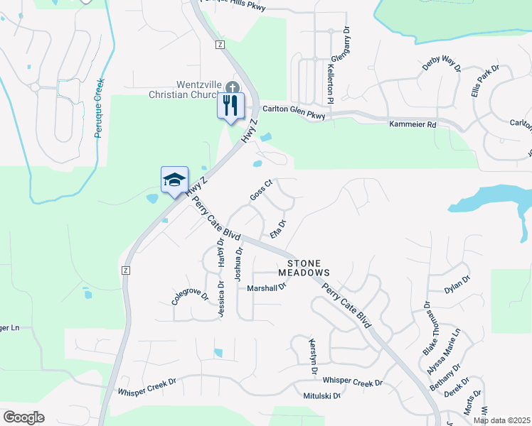 map of restaurants, bars, coffee shops, grocery stores, and more near 241 John Charles Drive in Wentzville