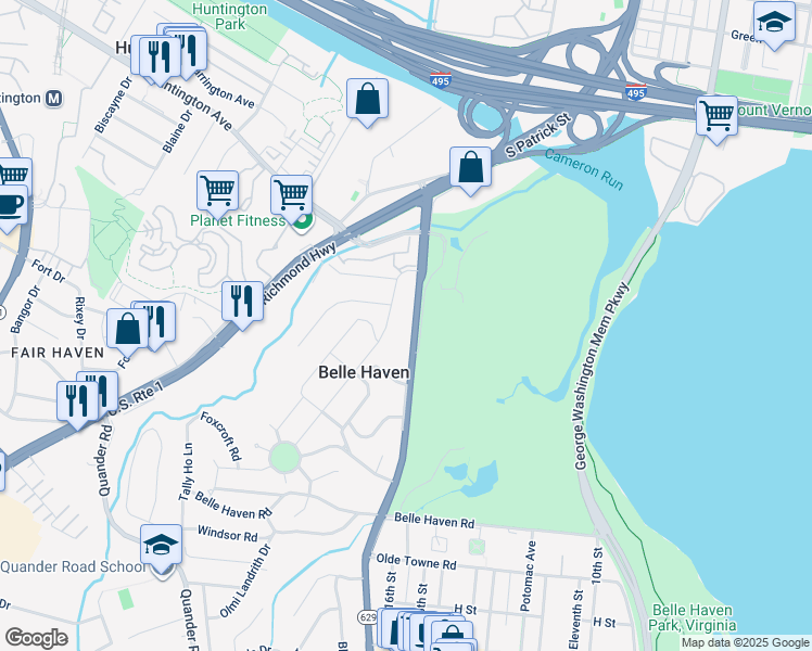 map of restaurants, bars, coffee shops, grocery stores, and more near 6022 Fort Hunt Road in Alexandria