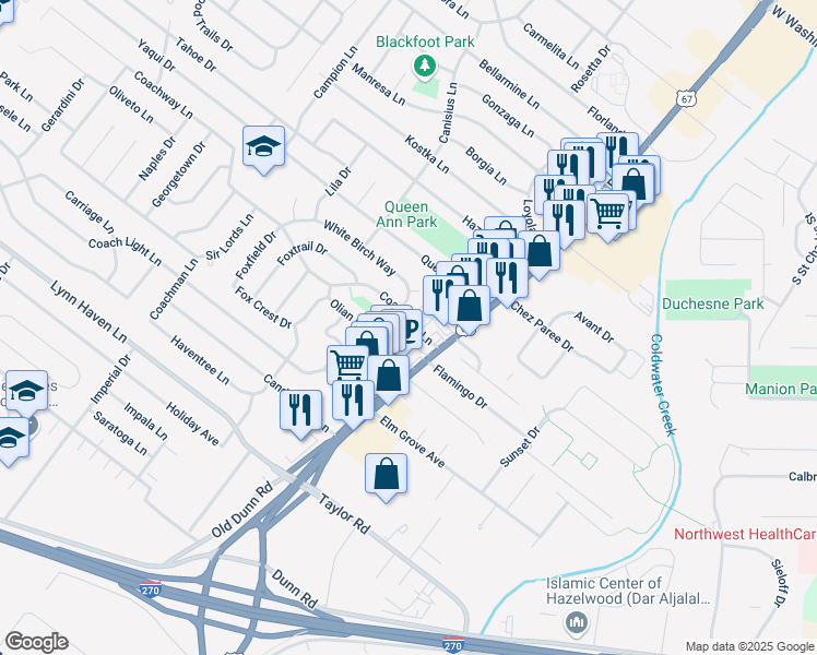 map of restaurants, bars, coffee shops, grocery stores, and more near 354 Coachway Lane in Hazelwood