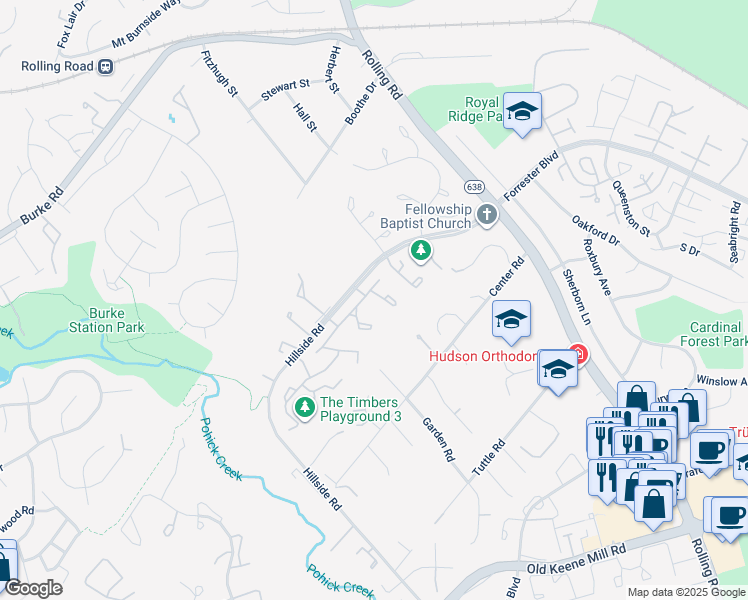 map of restaurants, bars, coffee shops, grocery stores, and more near 6050 Hollow Hill Lane in West Springfield