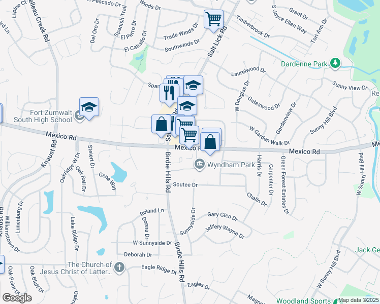 map of restaurants, bars, coffee shops, grocery stores, and more near 7875 Mexico Road in St. Peters