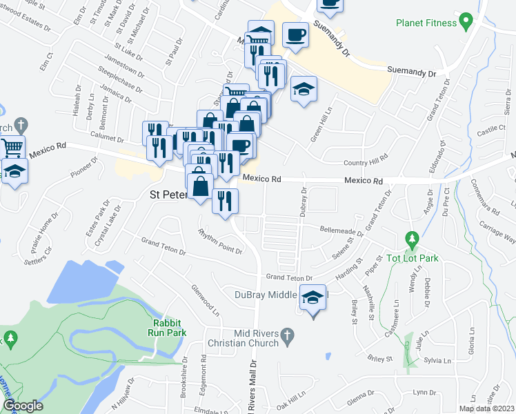 map of restaurants, bars, coffee shops, grocery stores, and more near 131 Saint Peters Square in St. Peters