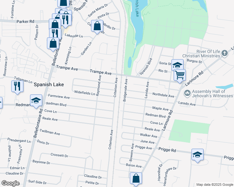 map of restaurants, bars, coffee shops, grocery stores, and more near 11904 Criterion Avenue in St. Louis