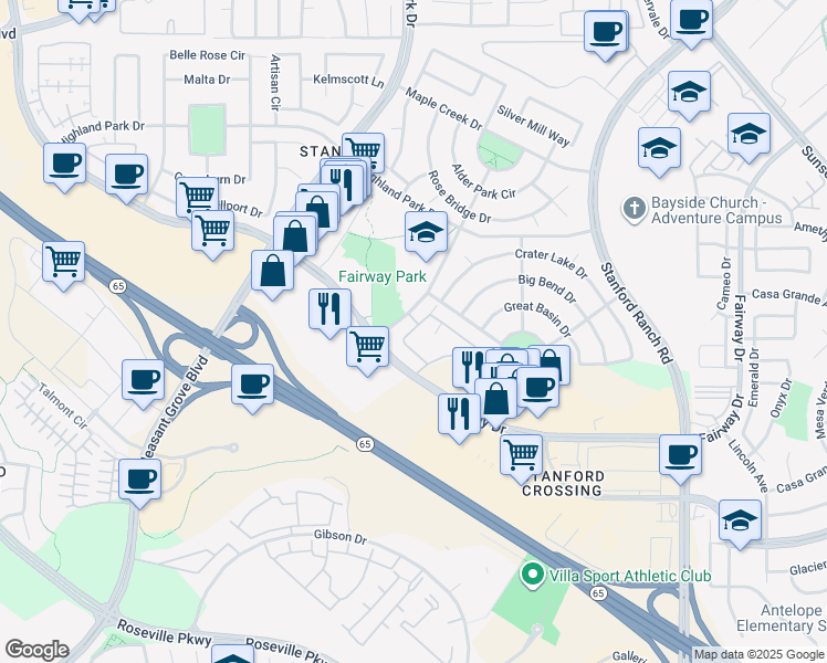 map of restaurants, bars, coffee shops, grocery stores, and more near 751 Central Park Drive in Roseville