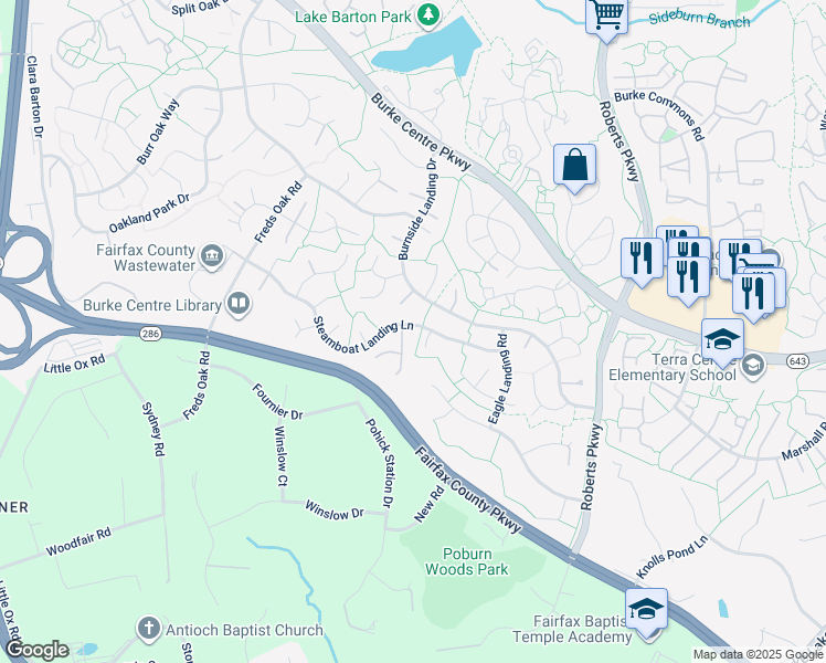 map of restaurants, bars, coffee shops, grocery stores, and more near 10301 Steamboat Landing Lane in Burke