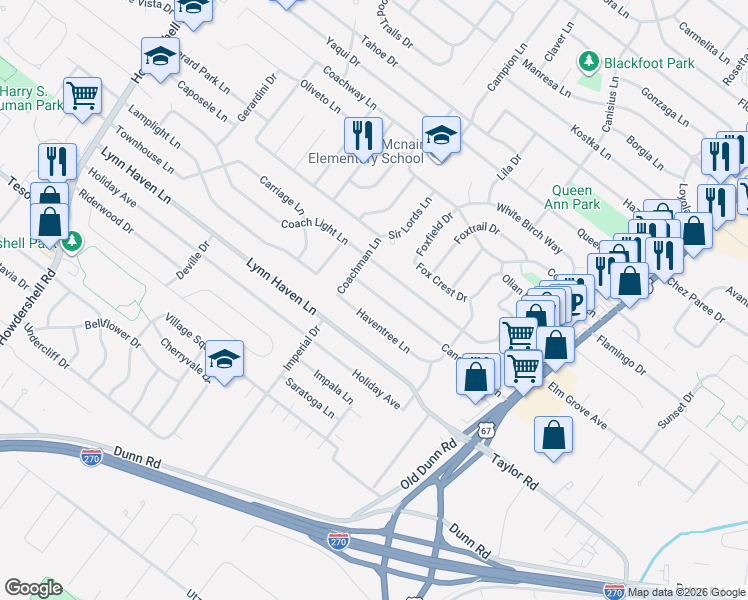 map of restaurants, bars, coffee shops, grocery stores, and more near 566 Candle Light Lane in Hazelwood