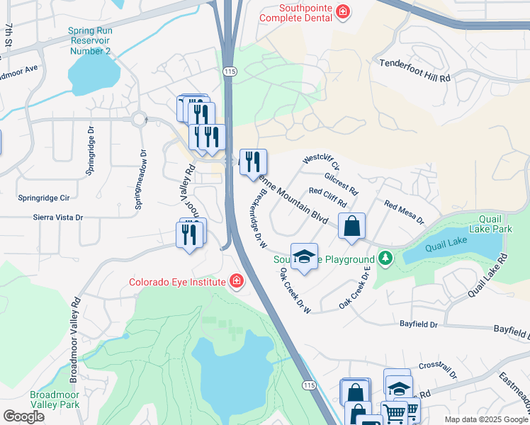 map of restaurants, bars, coffee shops, grocery stores, and more near 3148 Westcliff Drive West in Colorado Springs
