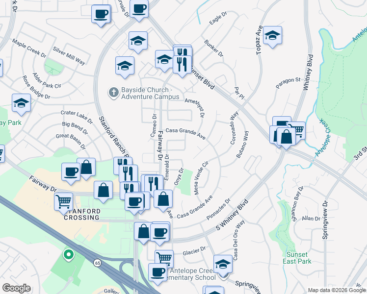 map of restaurants, bars, coffee shops, grocery stores, and more near 5511 Peridot Drive in Rocklin