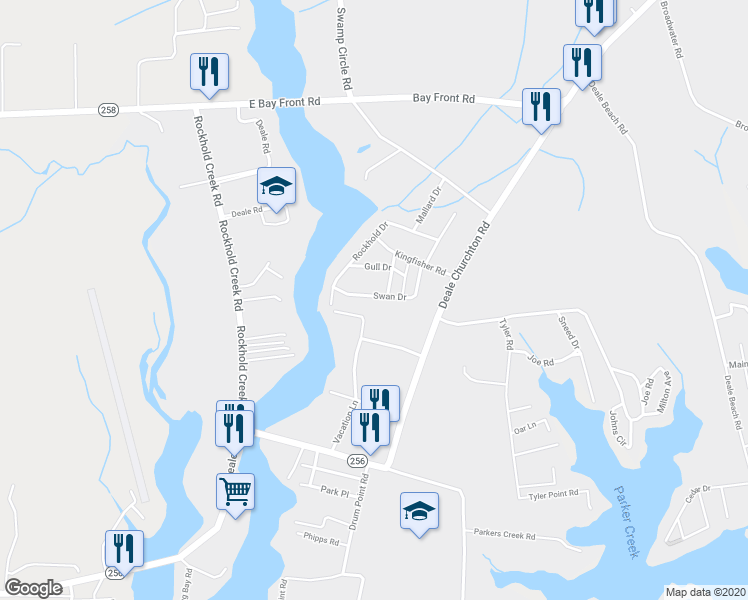 map of restaurants, bars, coffee shops, grocery stores, and more near 673 Swan Drive in Deale