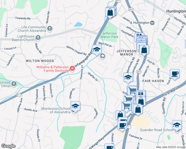 map of restaurants, bars, coffee shops, grocery stores, and more near 6015 Shaffer Drive in Alexandria