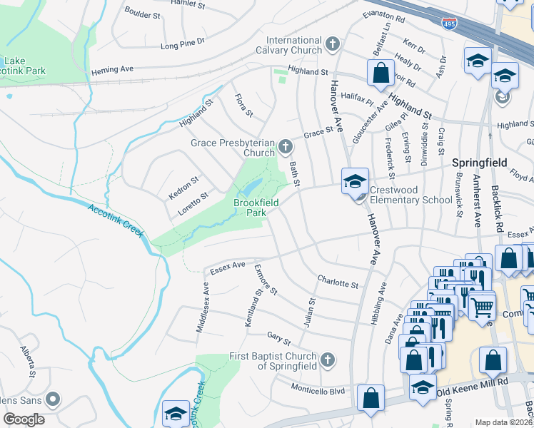 map of restaurants, bars, coffee shops, grocery stores, and more near 7417 Floyd Avenue in Springfield