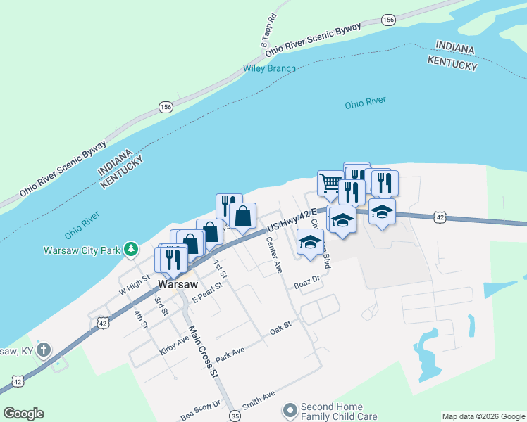 map of restaurants, bars, coffee shops, grocery stores, and more near 401 East High Street in Warsaw