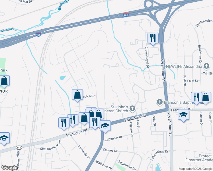 map of restaurants, bars, coffee shops, grocery stores, and more near 6013 Larkspur Drive in Alexandria