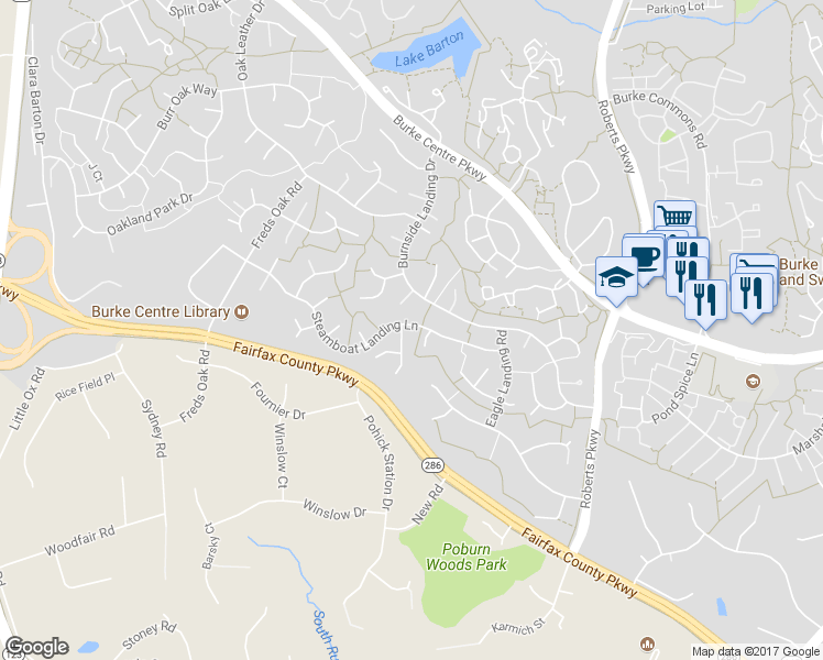 map of restaurants, bars, coffee shops, grocery stores, and more near 10301 Steamboat Landing Lane in Burke