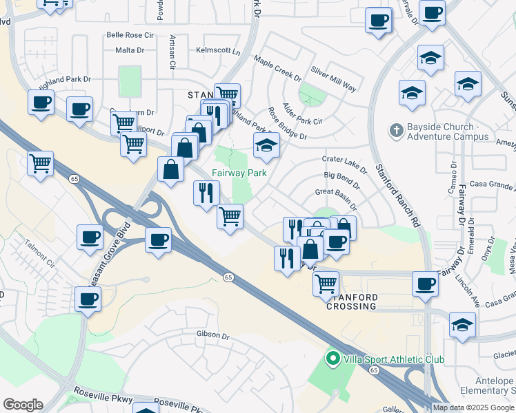 map of restaurants, bars, coffee shops, grocery stores, and more near 751 Central Park Drive in Roseville