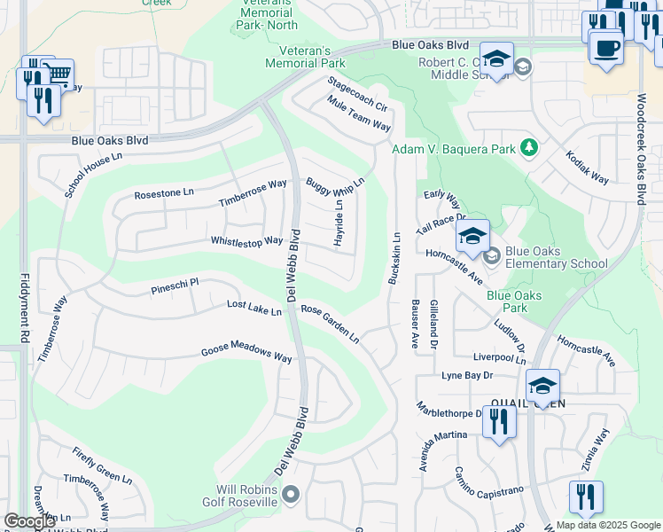 map of restaurants, bars, coffee shops, grocery stores, and more near 6165 Strawberry Station Loop in Roseville