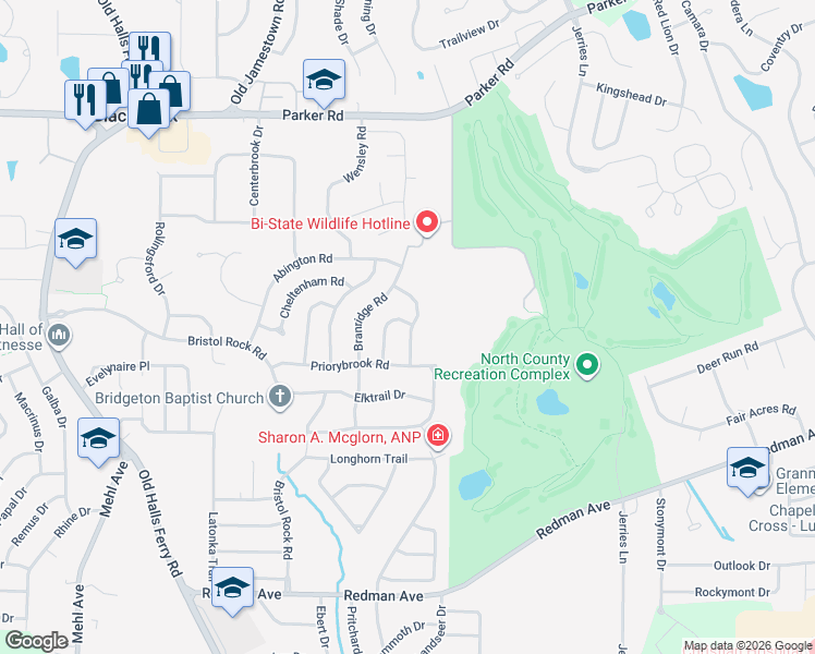 map of restaurants, bars, coffee shops, grocery stores, and more near 11897 Beckett Fall Road in Florissant