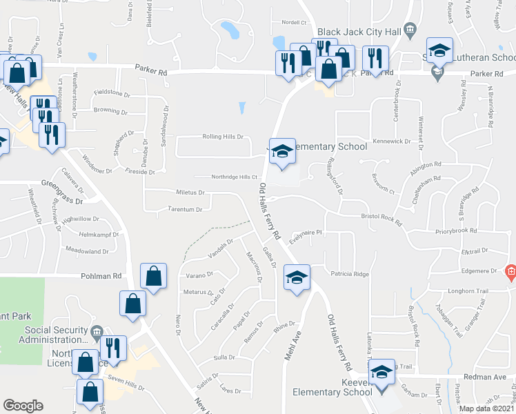 map of restaurants, bars, coffee shops, grocery stores, and more near 11875 Old Halls Ferry Road in Florissant