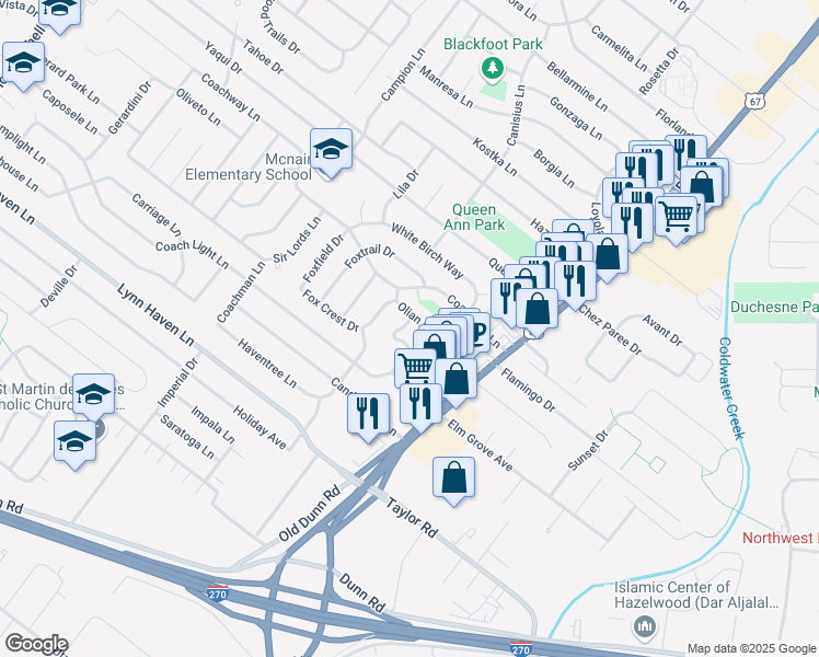 map of restaurants, bars, coffee shops, grocery stores, and more near 448 Olian Drive in Hazelwood