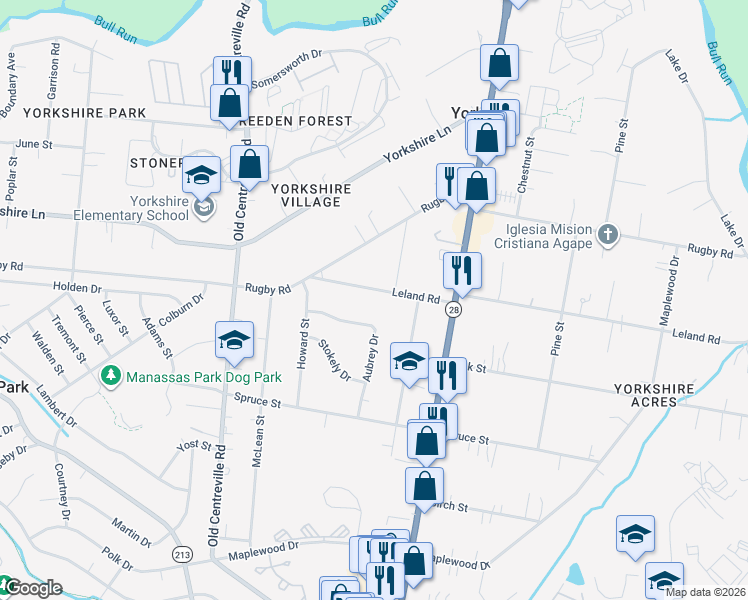 map of restaurants, bars, coffee shops, grocery stores, and more near 8405 Leland Road in Manassas