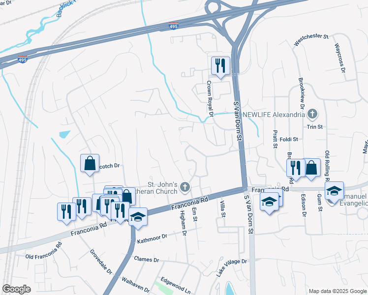 map of restaurants, bars, coffee shops, grocery stores, and more near 6010 Hydrangea Drive in Alexandria