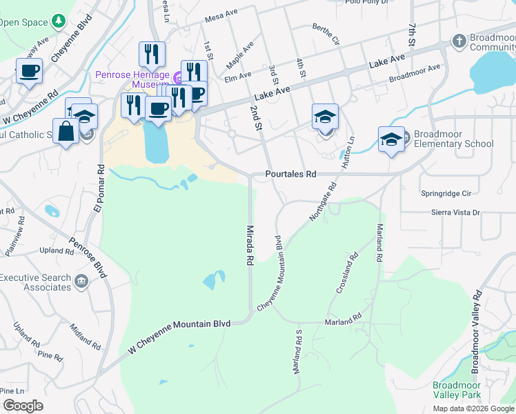 map of restaurants, bars, coffee shops, grocery stores, and more near 1 Mirada Road in Colorado Springs