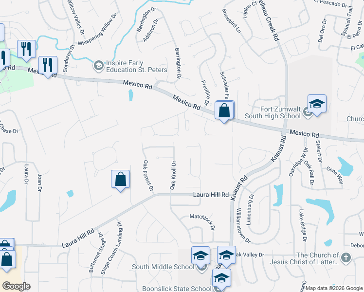 map of restaurants, bars, coffee shops, grocery stores, and more near 18 Knightsbridge Court in St. Peters
