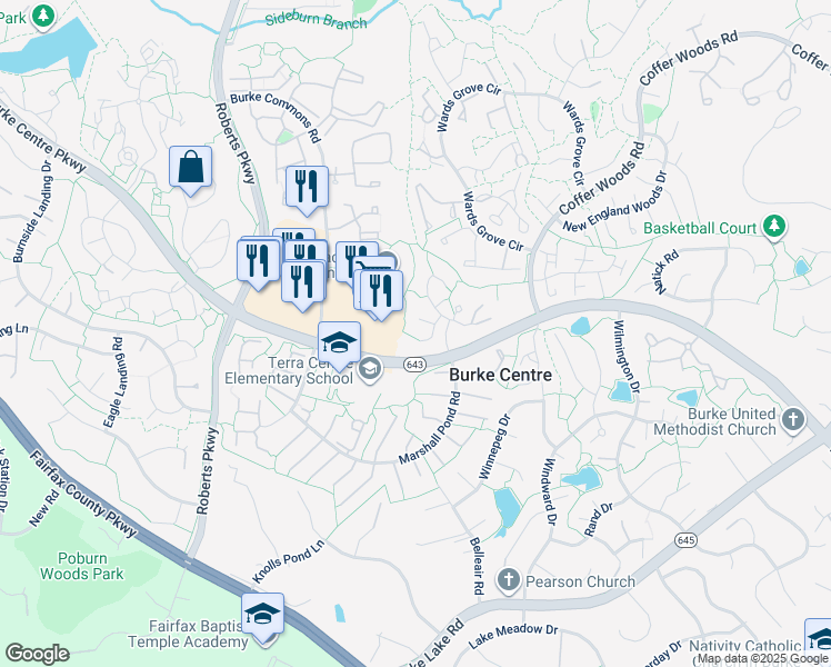 map of restaurants, bars, coffee shops, grocery stores, and more near 6054 Park Woods Terrace in Burke
