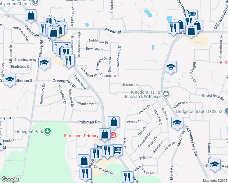 map of restaurants, bars, coffee shops, grocery stores, and more near 4171 Tarentum Drive in Florissant