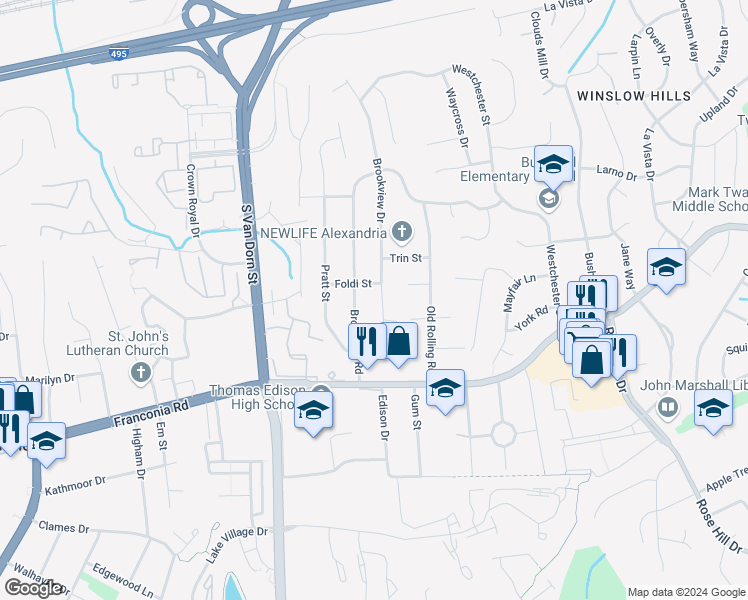map of restaurants, bars, coffee shops, grocery stores, and more near 6002 Brookview Drive in Alexandria