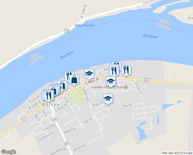 map of restaurants, bars, coffee shops, grocery stores, and more near 511 East Main Street in Warsaw