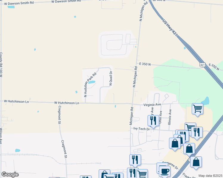 map of restaurants, bars, coffee shops, grocery stores, and more near 3300 North Quail Drive in Madison