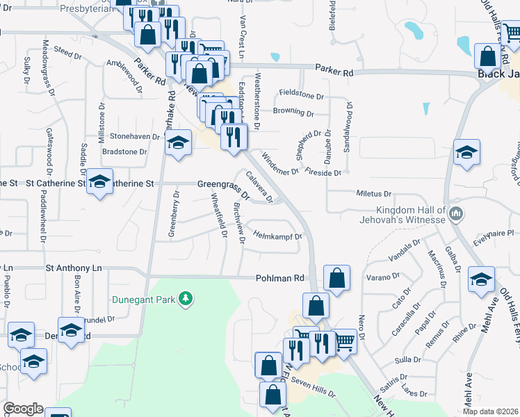 map of restaurants, bars, coffee shops, grocery stores, and more near 4090 Greengrass Drive in Florissant