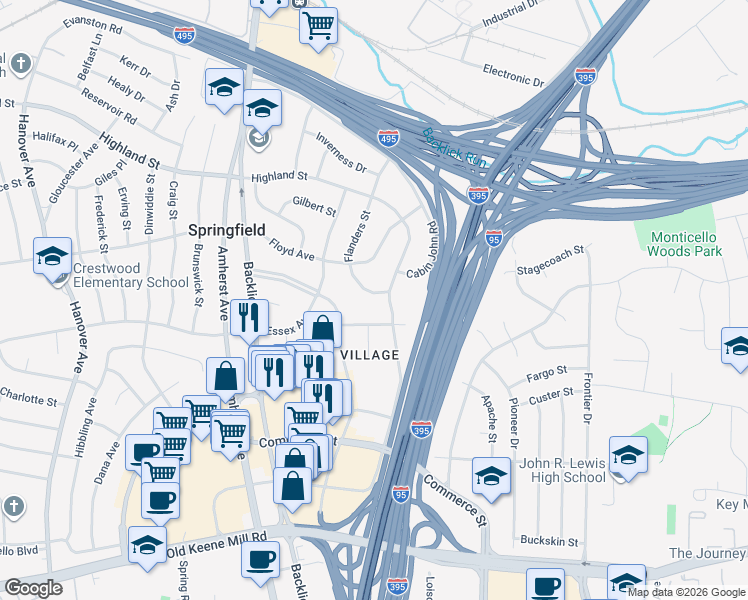 map of restaurants, bars, coffee shops, grocery stores, and more near 6012 Flanders Street in Springfield