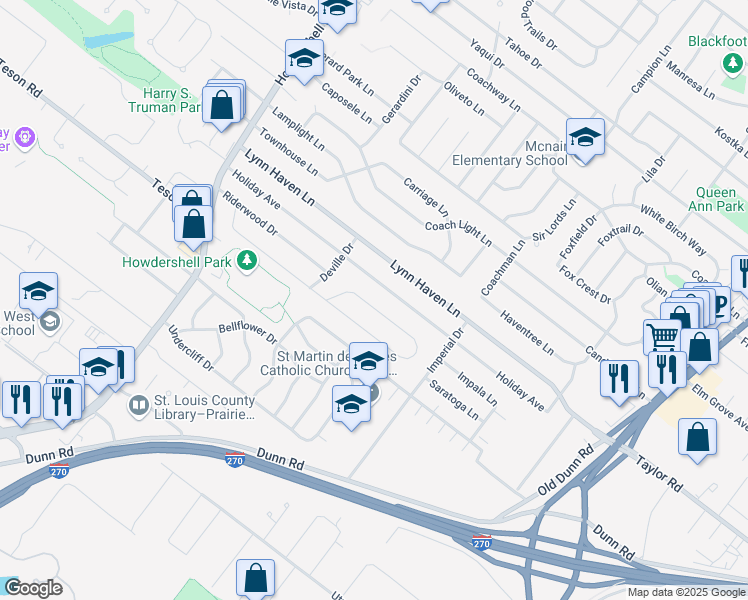 map of restaurants, bars, coffee shops, grocery stores, and more near 731 Riderwood Drive in Hazelwood