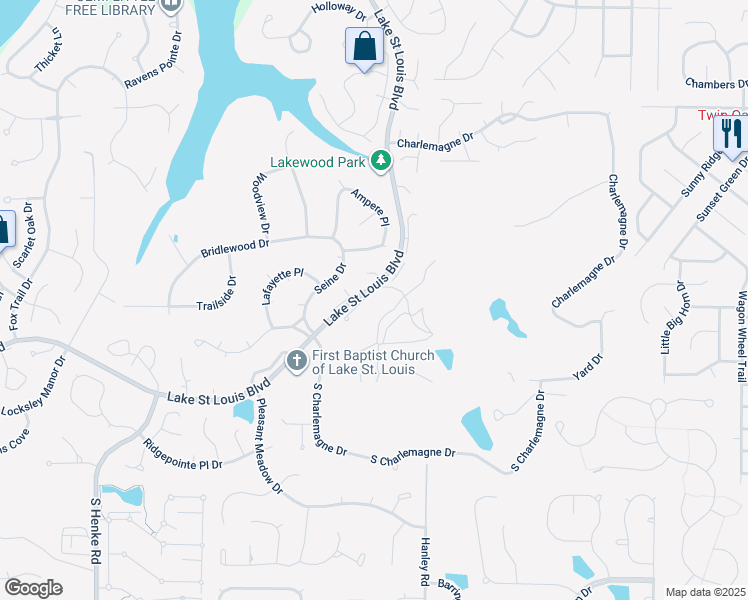 map of restaurants, bars, coffee shops, grocery stores, and more near 2 Kemper Court in Lake Saint Louis