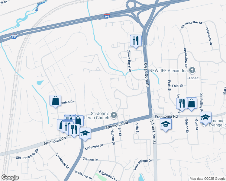 map of restaurants, bars, coffee shops, grocery stores, and more near 6010 Hydrangea Drive in Alexandria