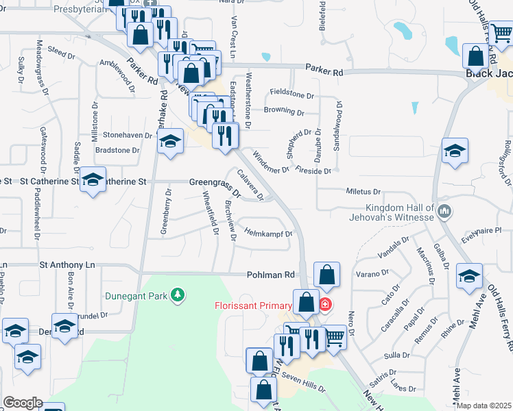 map of restaurants, bars, coffee shops, grocery stores, and more near 4090 Greengrass Drive in Florissant