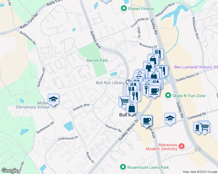 map of restaurants, bars, coffee shops, grocery stores, and more near 7832 Blue Gray Circle in Manassas