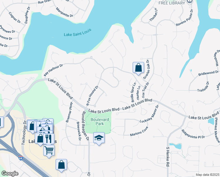 map of restaurants, bars, coffee shops, grocery stores, and more near 4510 Woodland Drive in Lake Saint Louis