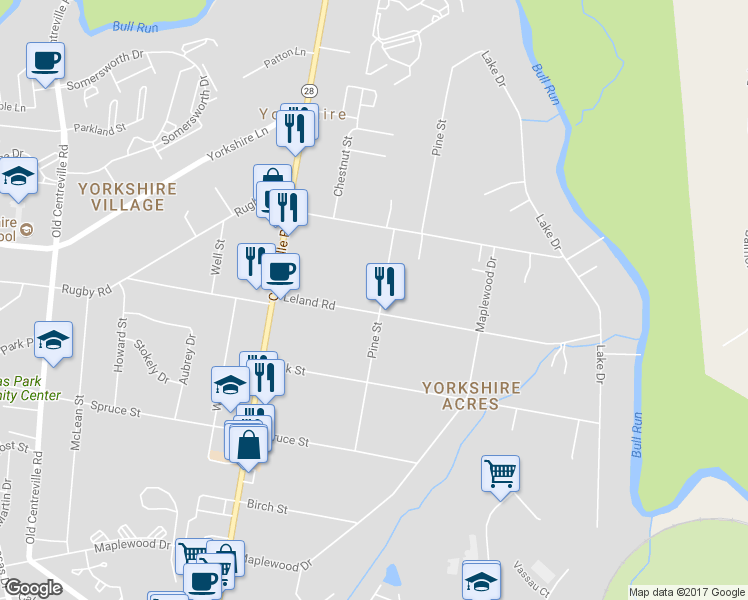 map of restaurants, bars, coffee shops, grocery stores, and more near 7718 Pine Street in Manassas