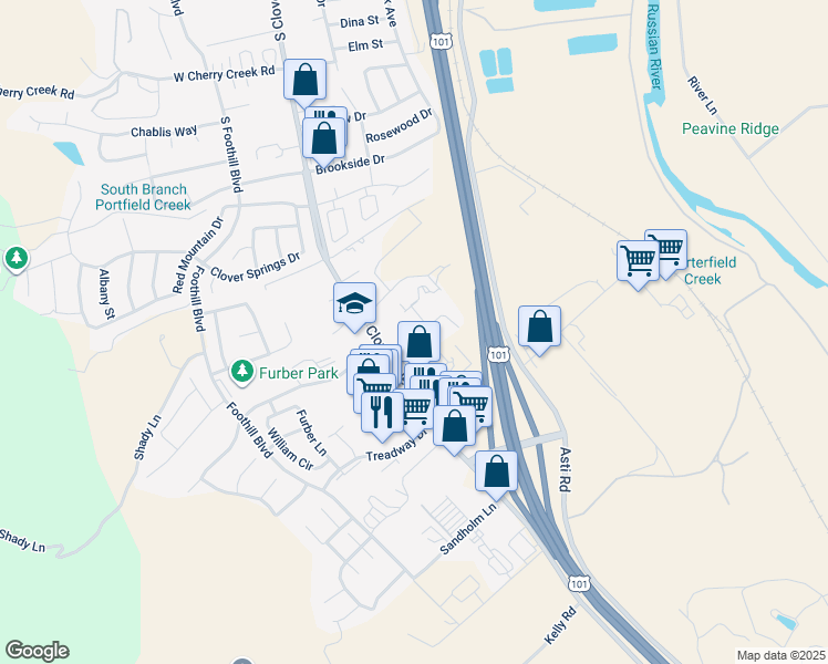 map of restaurants, bars, coffee shops, grocery stores, and more near 29 Church Lane in Cloverdale