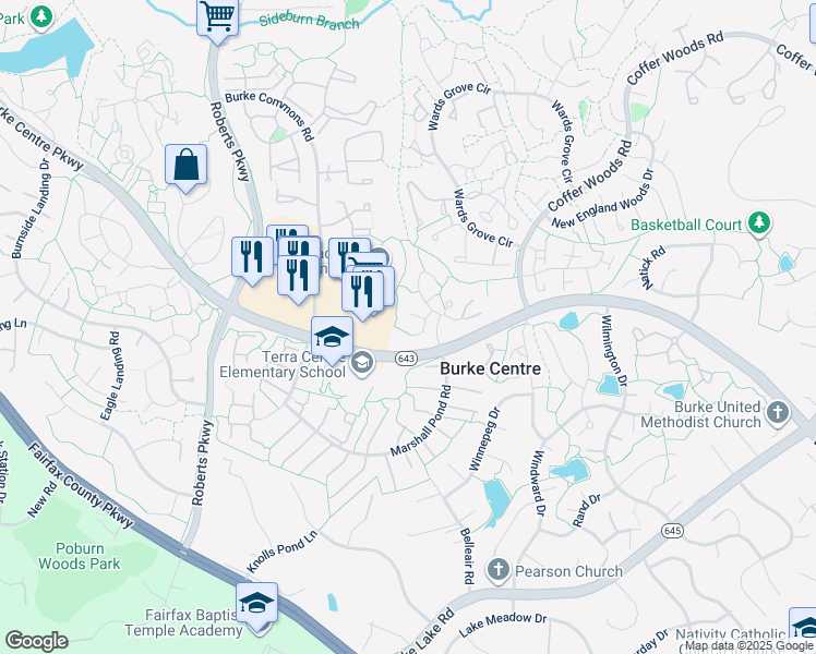 map of restaurants, bars, coffee shops, grocery stores, and more near 6054 Park Woods Terrace in Burke