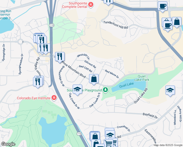 map of restaurants, bars, coffee shops, grocery stores, and more near 689 Red Cliff Road in Colorado Springs