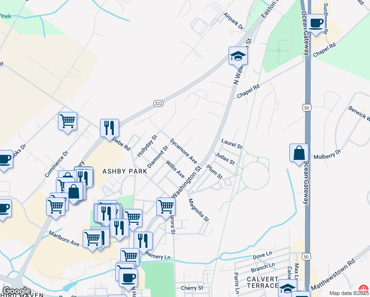 map of restaurants, bars, coffee shops, grocery stores, and more near 21 Sycamore Avenue in Easton