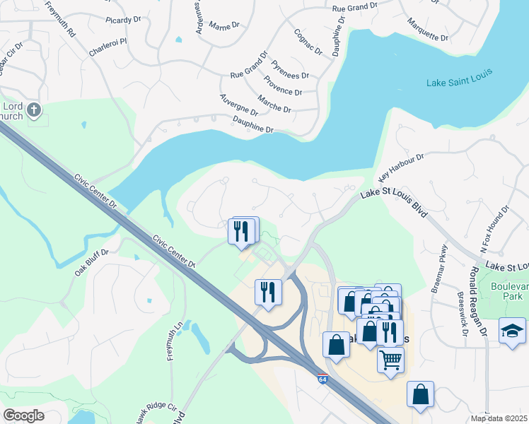 map of restaurants, bars, coffee shops, grocery stores, and more near 21 Park Hill Circle in Lake Saint Louis
