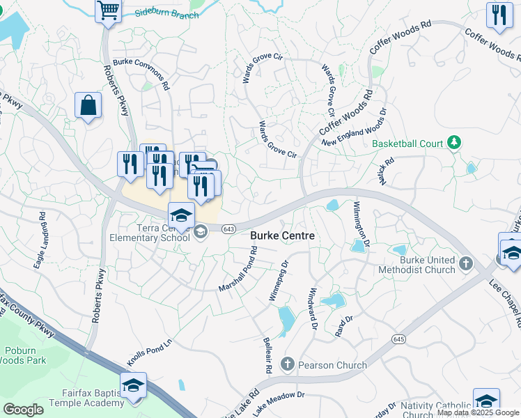 map of restaurants, bars, coffee shops, grocery stores, and more near 10127 Schoolhouse Woods Court in Burke