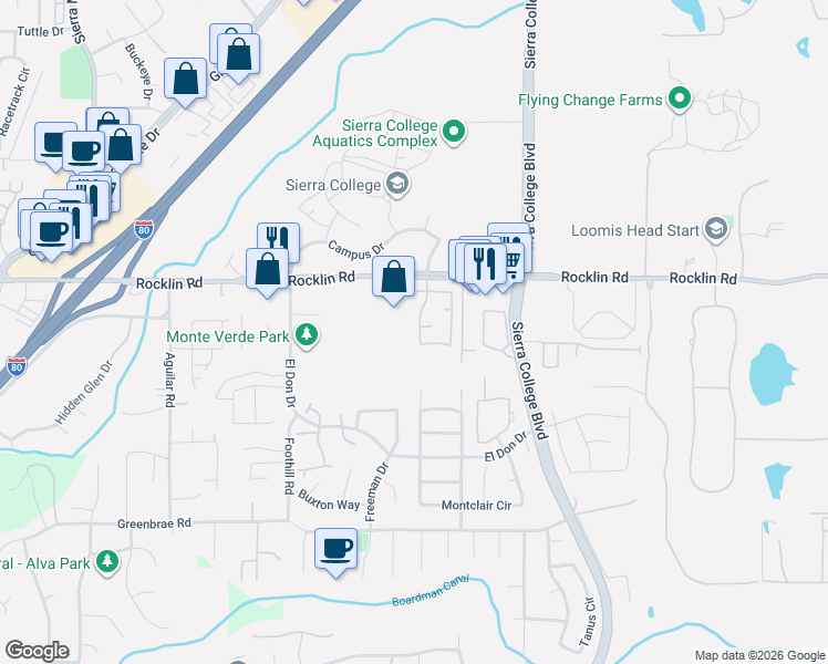 map of restaurants, bars, coffee shops, grocery stores, and more near 5414 Havenhurst Circle in Rocklin