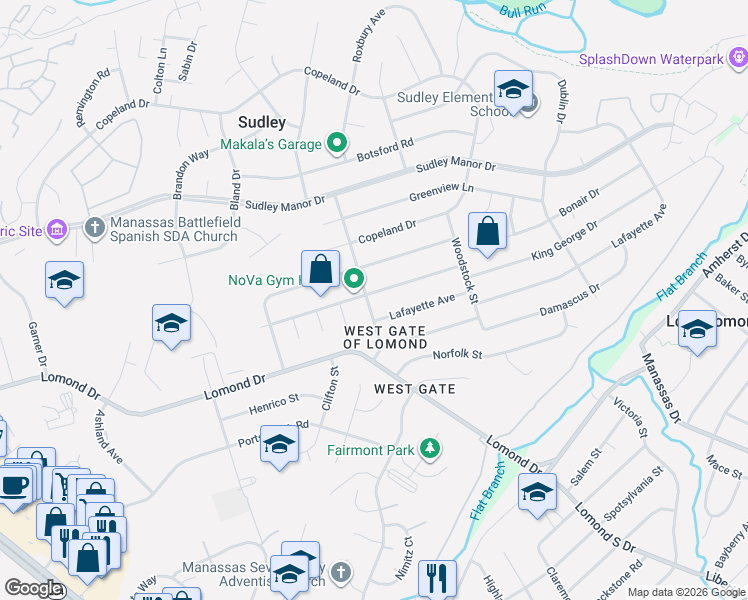 map of restaurants, bars, coffee shops, grocery stores, and more near 7801 Strasburg Street in Manassas