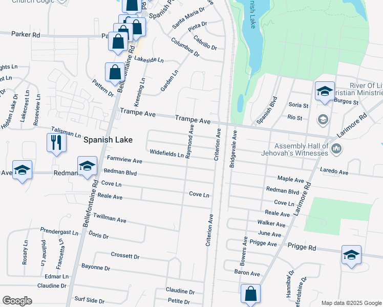 map of restaurants, bars, coffee shops, grocery stores, and more near 11900 Raymond Avenue in St. Louis